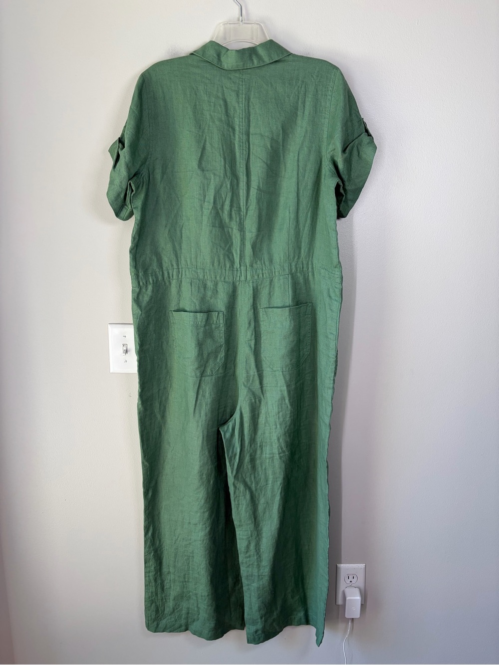 J. Jill Love Linen Green Short Sleeve Wide Leg Button Up Utility Jumpsuit - Picture 2 of 8